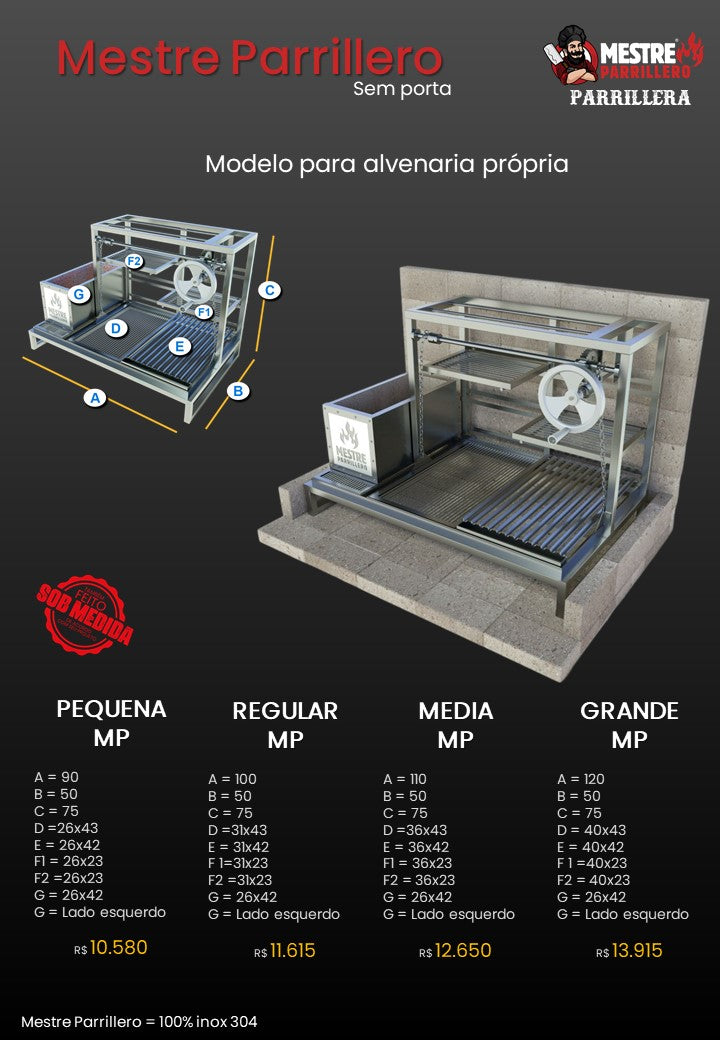 Churrasqueira Parrilla Argentina e Uruguaia de Elevação sem Porta - Modelo Alvenaria